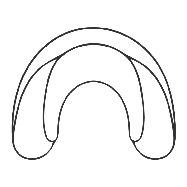 Strichgrafik eines Zahnbogens mit einem Mundschutz, dargestellt als Modell für individuellen Sportschutz in der Kieferorthopädie.
