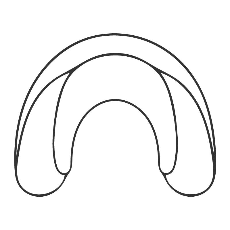Strichgrafik eines Zahnbogens mit einem Mundschutz, dargestellt als Modell für individuellen Sportschutz in der Kieferorthopädie.